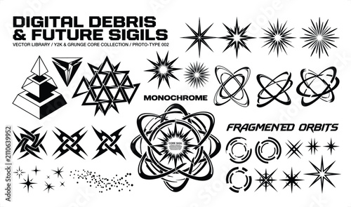 Canvastavla Monochrome abstract geometric shapes and fragmented orbits in a digital debris s