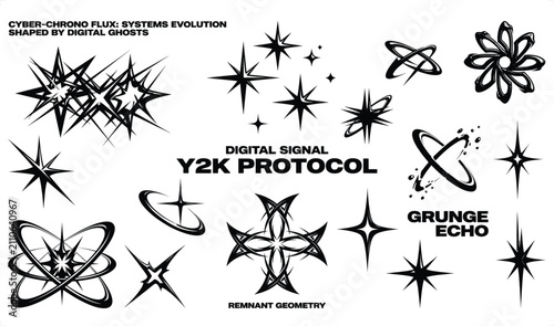 Foto Y2K digital signal elements with geometric shapes during cyber chrono flux vecto