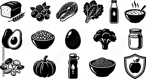 Fotografía Food Icons Featuring Bread, Berries, Steak, Greens, Milk, Porridge, Avocado, Qui