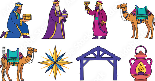 Fotografi Christmas Nativity Epiphany Vector Icon Set with Three Wise Men, Camels, Bethleh