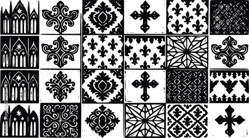Set of black and white gothic decorative tiles with vintage patterns crosses fleur de lis and ornate architectural elements for design projects