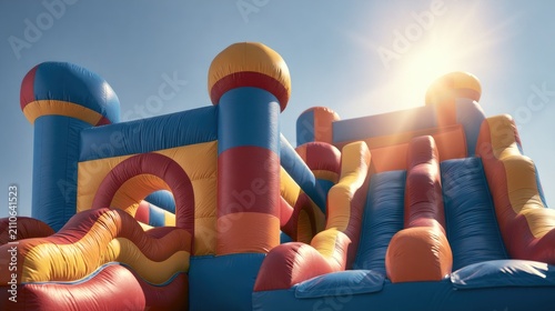 Vibrant Inflatable Bounce House Castle with Slide Under Sunny Sky.