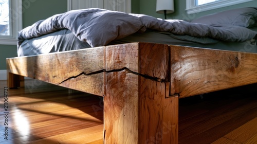 Rustic Wooden Bed Frame with Cracked Detail and Cozy Bedding.