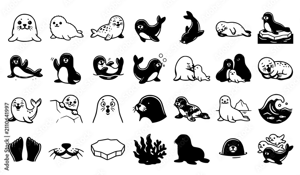 Obraz premium Adorable Baby Seal Puppy Marine Wildlife Vector Collection with Cute Ocean Animals Family and Playful Poses