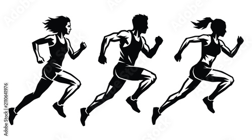 Fotografie Three athletic people running in a fast motion silhouette style with sharp black