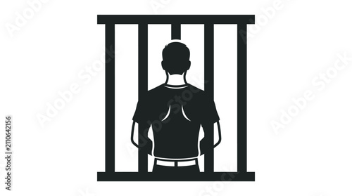 Foto Minimalist black silhouette of a man standing behind thick metal bars in a dark