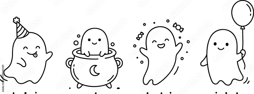 Fototapeta premium Cute kawaii ghost line art set for Halloween featuring cauldron balloon candies and party hat doodle vector illustration