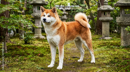 Akita Dog Standing in Japanese Garden with Stone Lanterns, Traditional Zen Landscape