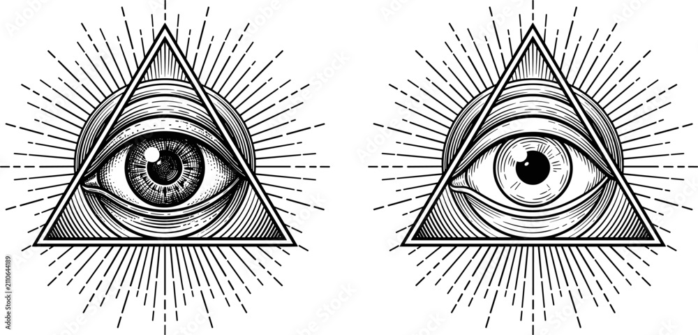 Fototapeta premium All seeing eye of providence in triangle with sunburst rays vintage engraving line art mystical vector illustration