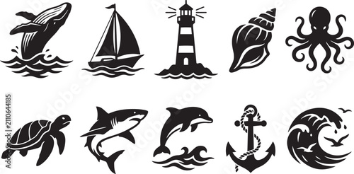 Sticker Set of ten black and white nautical icons featuring sea animals lighthouse sailb