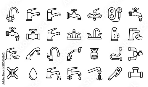 Water Faucet and Tap Vector Editable Stroke Icon Set for Plumbing Kitchen Bathroom and Household Fixtures