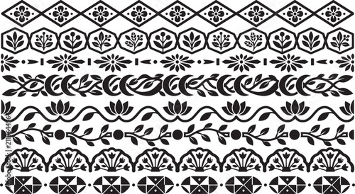 Vintage floral border set with black ethnic patterns, decorative botanical divider collection, ornamental lace vector elements for wedding invitations