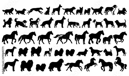 Bild auf Leinwand Vintage Style Collection of Black Dog and Horse Breed Silhouettes