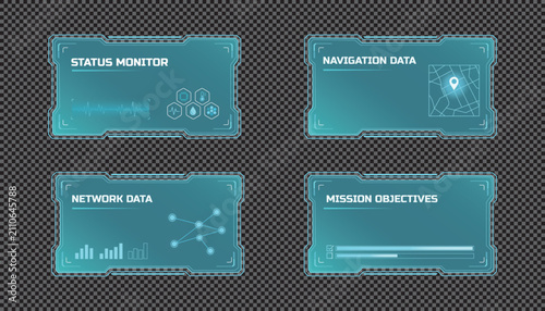 Set of futuristic hud interface elements, digital scifi information panels with data visualization
