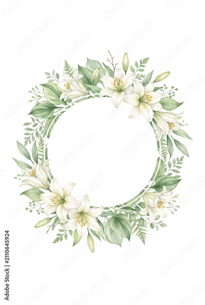 Fototapeta premium Watercolor white lily and green leaf circular floral wreath frame, isolated on transparent background