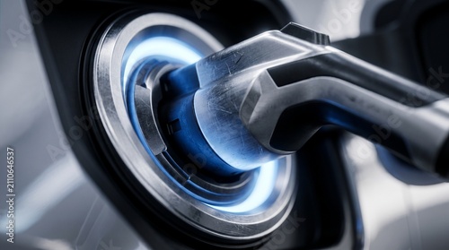 Electric vehicle charging plug inserted into glowing port
