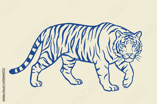 Canvas Print Vintage tiger illustration in blue ink, hand drawn wild cat vector, majestic wal