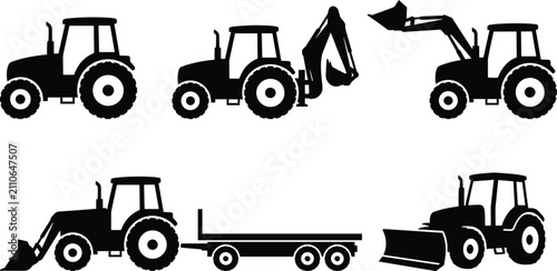 Fotografie Heavy Machinery Tractor Silhouette Icon Collection with Construction and Agricul