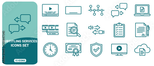 Canvastavla Set of 15 teal line icons for subtitling and translation services, featuring spe