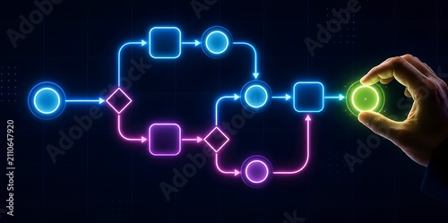 Hand placing glowing green circle into neon digital flowchart diagram. Concept of process optimization for project management.
