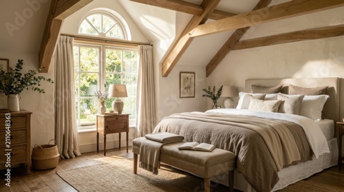 Cozy bedroom with natural light and rustic wooden beams
