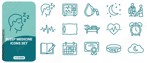 Sleep medicine icon set featuring outline of medical equipment, sleeping person, heart rate monitor, bed, alarm clock, and calendar