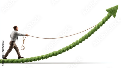 Businessman pulling a rope shaped as a growing upward arrow on white background