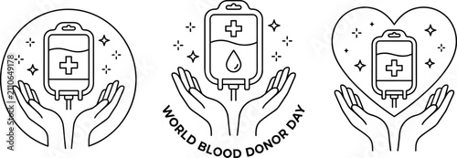 Obraz na płótnie Set of world blood donor day line art vector icons featuring hands holding medic