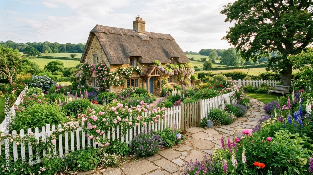 Obraz premium Charming thatched cottage surrounded by a vibrant English country garden in bloom