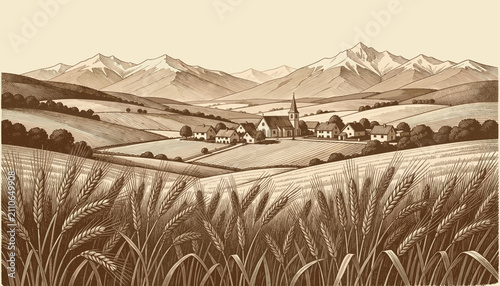 Wheat Field in Foreground with Village and Snow-Capped Mountains Background