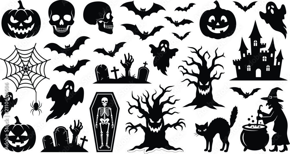 Fototapeta premium Halloween silhouette icons set vector illustration spooky pumpkin ghost bat witch skull haunted house graveyard elements