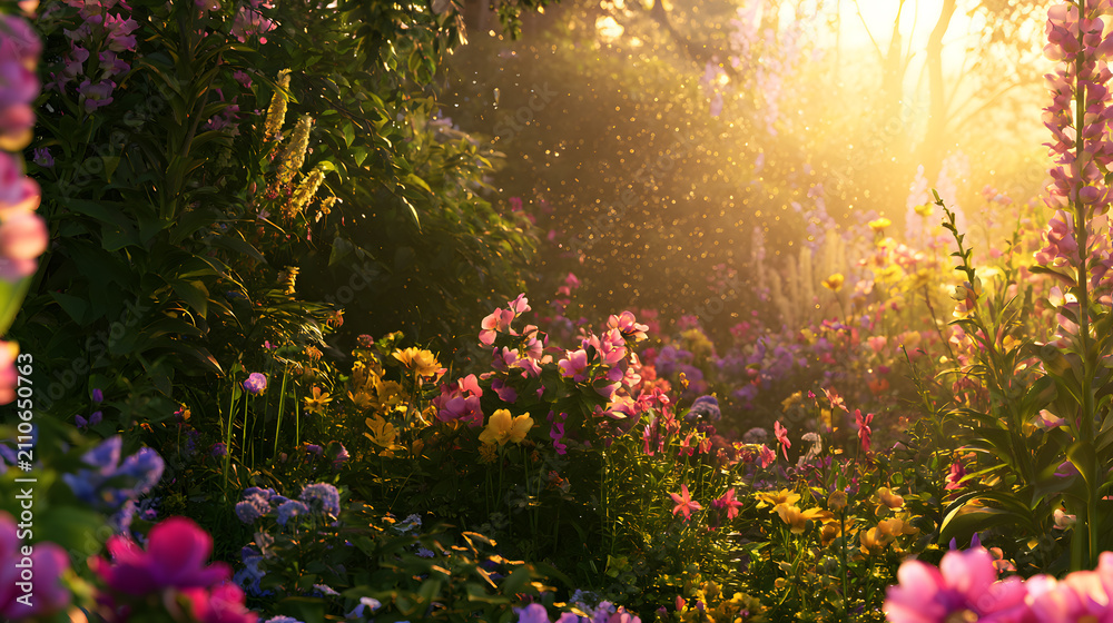 Obraz premium Sunlit garden with vibrant flowers and lush greenery at sunrise