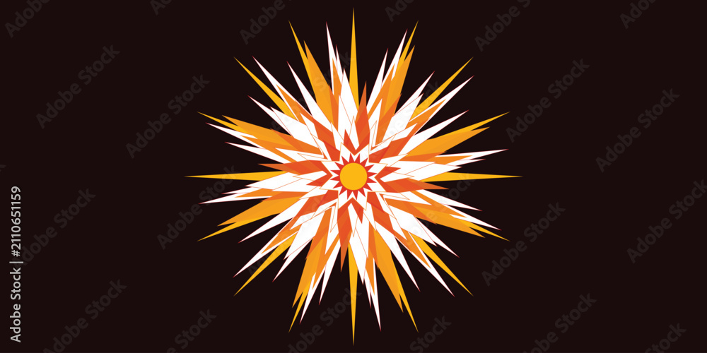 Fototapeta premium Abstract Geometric Sunburst with Sharp Orange and Red Rays Isolated on Black Background
