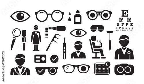 Tablou pe pânză Optometry set of icons in glyph style for eye care and vision check-up with various symbols