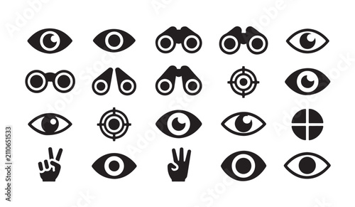 Obraz na plátne Vision and observation icons set with eyes binoculars target and hand signals for viewing monitoring concept