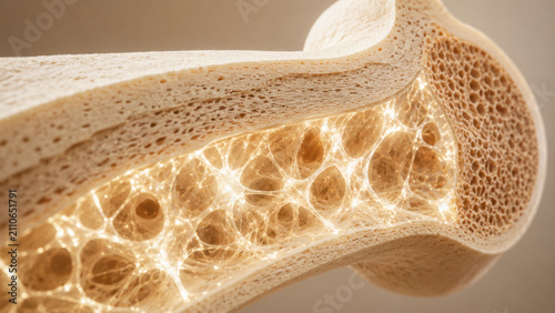 Cross section of bone tissue revealing glowing calcium network beneath porous layers, warm beige tones, soft studio lighting, bone health science visualization