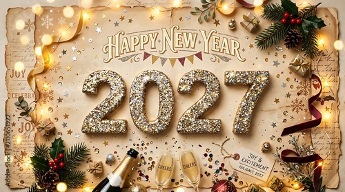 Vintage style Happy New Year 2027 layout with glitter numbers champagne and holiday decorations on paper.
