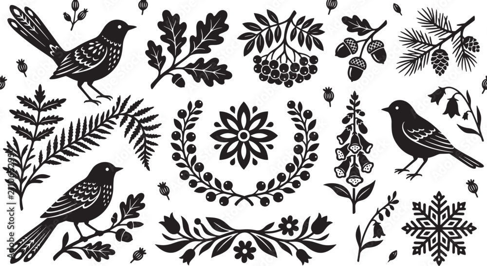 Fototapeta premium Scandinavian folk art forest pattern, black and white woodland birds and botanical elements, rustic floral linocut vector illustration