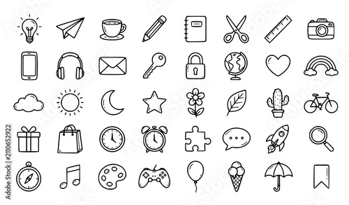 Photography Title:
Hand Drawn Miscellaneous Doodle Vector Set with Everyday Objects on White