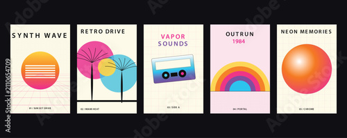 Schilderij op canvas Synthwave retro drive vapor sounds outrun neon memories poster set featuring eig