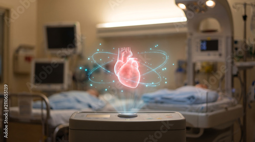 Futuristic hospital room showing glowing three dimensional human heart hologram floating above medical control console representing advanced cardiology diagnostic tools and patient care.