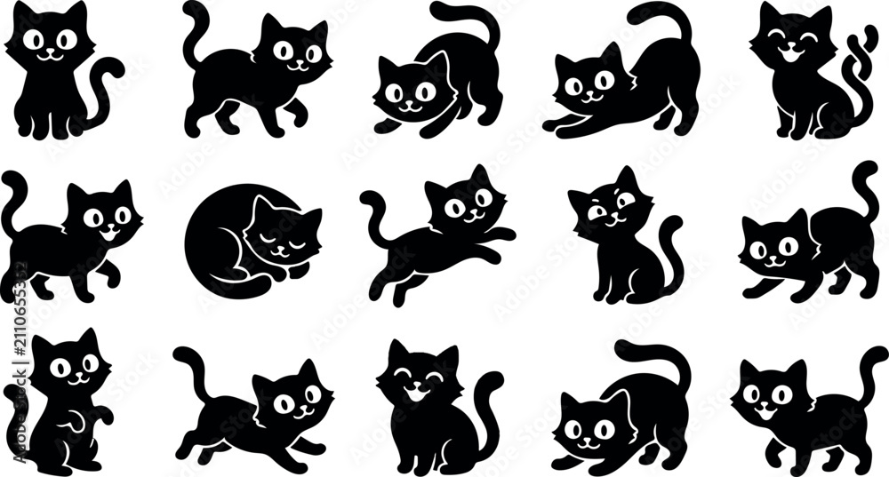 Obraz premium Halloween black cat silhouette bundle set collection on white background featuring various cute playful feline poses for holiday design
