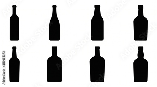Obraz na płótnie Black bottle silhouettes set of 8 icons, minimalist alcohol glass bottle shapes,