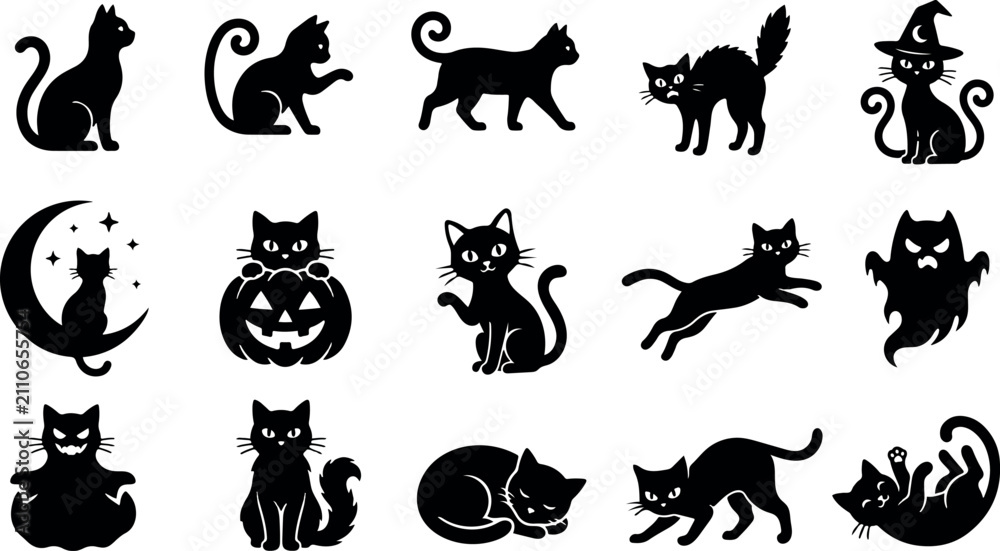 Naklejka premium Halloween black cat silhouette bundle set collection on white background featuring various spooky feline poses for festive seasonal design