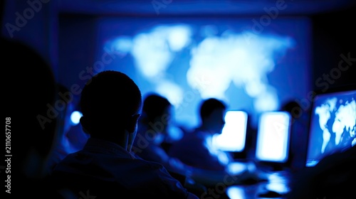 Team of people working in a dark room with a world map projected on the wall.