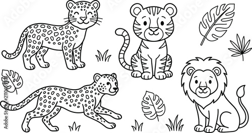 Canvas Print Cute wild big cats outline coloring page vector illustration set