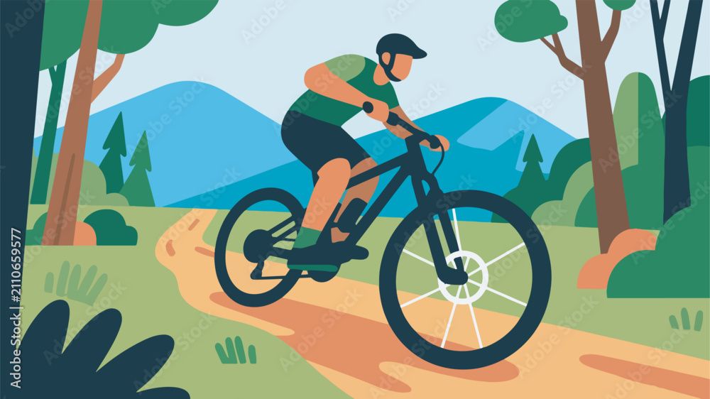 Fototapeta premium Illustration Of Teenagers Mountain Biking On A Nature Trail Vector Design Template
