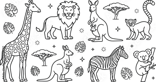 Photography Wild zoo animals outline coloring book page vector illustration set