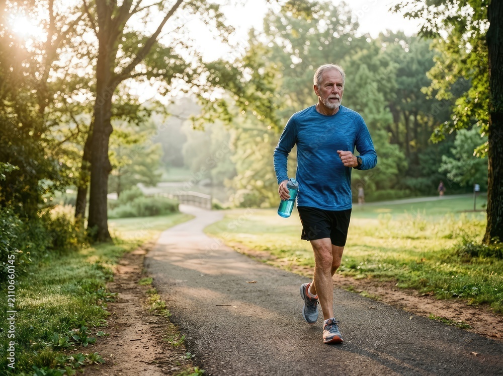 Obraz premium Active senior man running on park path during a sunny morning workout