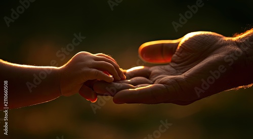 Close up of a childs hand holding an adults hand at sunset.